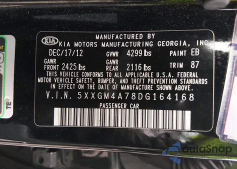 2013 Kia Optima Lx z USA, uszkodzony, nr VIN 5XXGM4A78DG164168